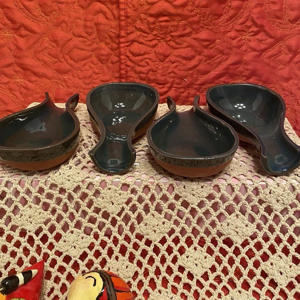 Vintage terra-cotta and dark green glazed handle dish Jersey Pottery 4 Available